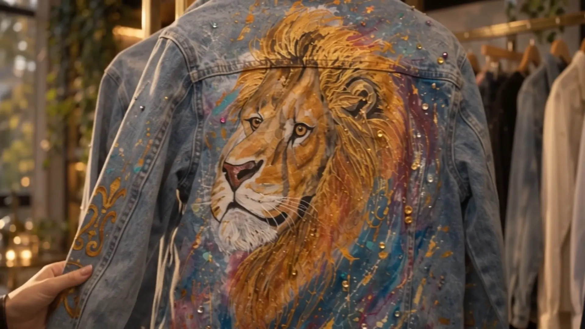 Close da pintura de leão em tons dourados nas costas de uma jaqueta jeans R U T H.